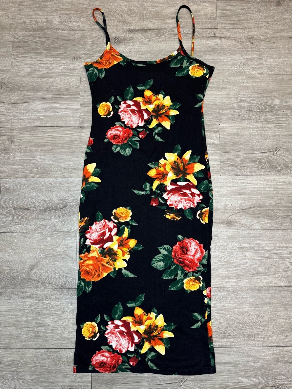 Floral Midi Bodycon Dress Black Sleeveless Spaghetti Strap Back Slit Stretch S